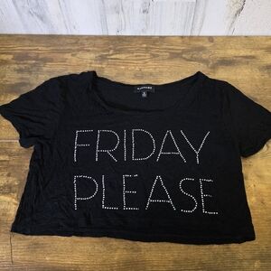 3/$15 rampage Black 'Friday Please' T-Shirt crop top women's size small